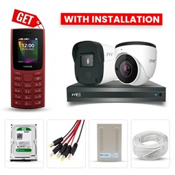 Picture of TVT 2 CCTV Cameras Combo (1 Indoor & 1 Outdoor CCTV Camera) + 4CH DVR + HDD + Accessories + Power Supply + 45m Cable + Nokia 106 DS 2023 Mobile